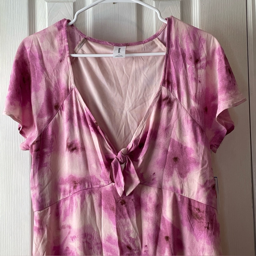 New Abound Dress Large Pink Tie Dye Mini Short Sleeve Front‎ Tie Keyhole Flowy - Picture 2 of 15